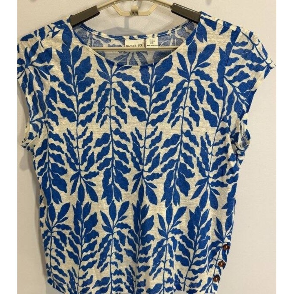 Rachel Zoe Blue Print Cap Sleeve 100% Linen Shirt Side Button Detail Size M